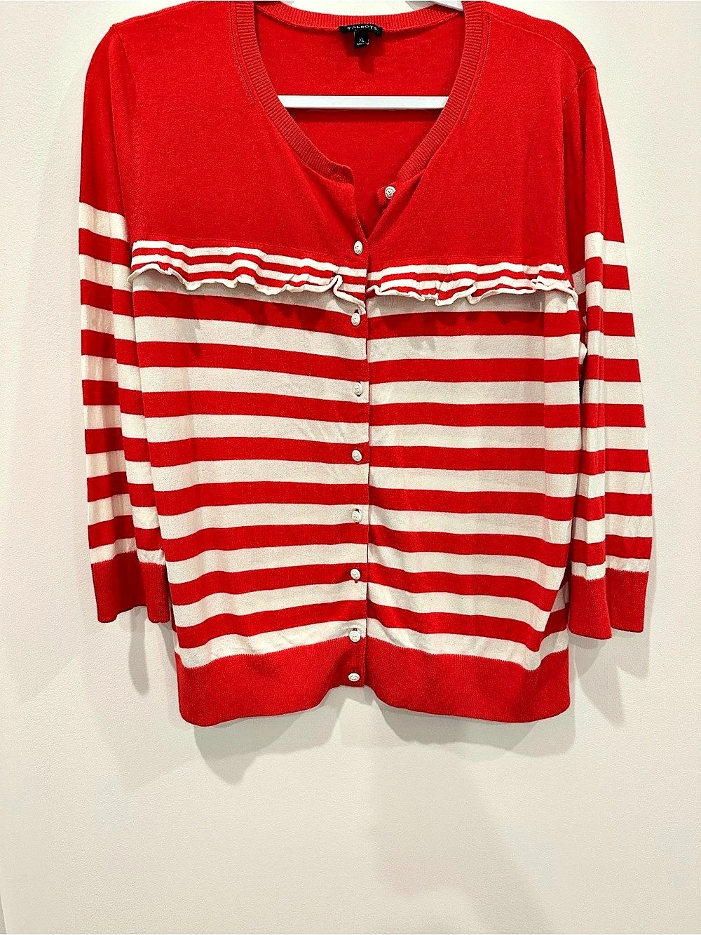 Talbots Charming Cardigan - Stripe Ruffle Yoke Red & White XL